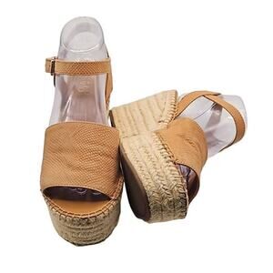 Franco Sarto Takara Tan Espadrille Wedge Platform Sandals Size 9M Peep Toe Strap